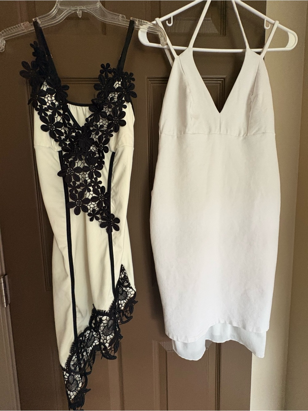 Lulu's White V-Neck Spaghetti Strap Mini Dress with Black Lace Overlay